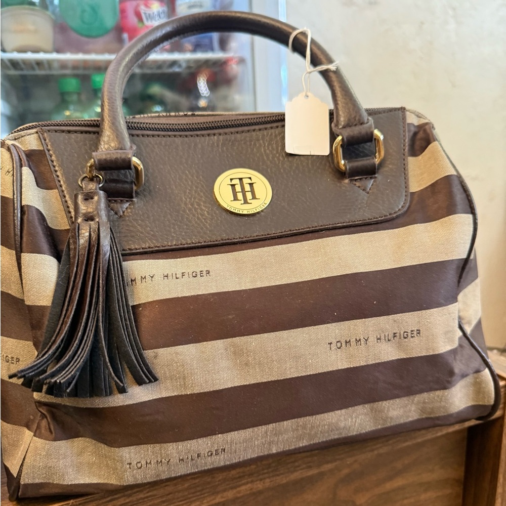 Tommy Hilfiger Brown and Cream Striped Satchel